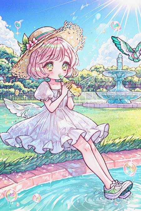 fabulous quality, verdant details, BREAK 1girl, chibi, blissful, (sun hat:1.15), BREAK city park, flowing fountain, (sparkling water:1.25), green lawns, (fluttering pigeons:1.2), BREAK (summer dress:1.15), sipping juice, (cute sneakers:1.1), BREAK sunny, idyllic, (bubbling joy:1.25), peaceful picnic