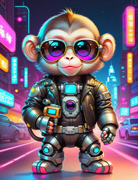 <lora:SDXLCutePets:1> cutepets, an adorable super cute kawaii cyborg monkey, wearing sunglasses, leather jacket, robot tail,  high quality, digital art illustration, neon city background, holding a tiny laser gun