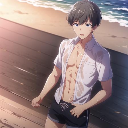 high quality, best quality, masterpiece, absurdres, kohei makino, shorts, open_shirt, [abs, muscular], 1boy,  <lora:makino:0.75>, solo, beach, wet, sweat, sunset, lens_flare