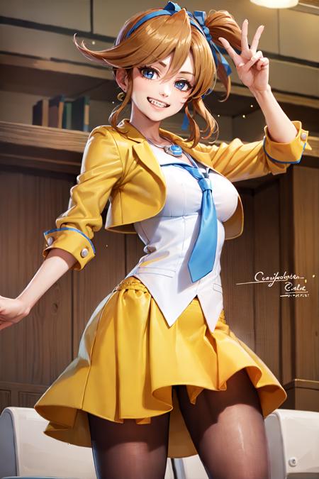 (masterpiece, best quality:1.2), <lora:aa_cykes-10:0.8>, cowboy shot, solo, 1girl, athena cykes, grin, looking at viewer, peace sign, brown hair, open clothes, yellow jacket, collared shirt, blue necktie, yellow skirt, pantyhose, courtroom