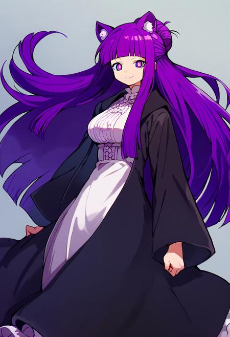 score_9, score_8_up, score_7_up, source anime, {{tags}}, solo, big breasts, kuronagamimi, cat girl, cat ears, animal ear fluff, purple hair, snow leopard fur, score_9, score_8_up, score_7_up, source anime, {{tags}}, solo, patFern, long hair, bangs, purple eyes, purple hair, sidelocks, blunt bangs, bright pupils, half updo, long sleeves, dress, white dress, long dress, robe, black robe,
smile, looking at viewer, 
Dungeons and Dragons, , Dungeons and Dragons, baggy pants, midriff, shirt