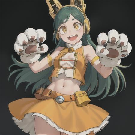 ragdoll, 1girl, solo, long hair, looking at viewer, smile, open mouth, skirt, shirt, gloves, animal ears, yellow eyes, :d, cowboy shot, green hair, teeth, sleeveless, midriff, belt, white gloves, miniskirt, crop top, fur trim, bell, helmet, white pupils, animal hands, pouch, paw gloves, ringed eyes, orange skirt, cat paws  <lora:RadollLoRa-10:0.6>