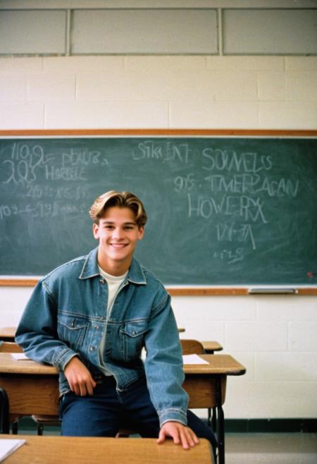 1man, 1990s high school campus vibe, retro classroom decor, old-school chalkboards, filmic grainy, soft focus, typical american teen 90's