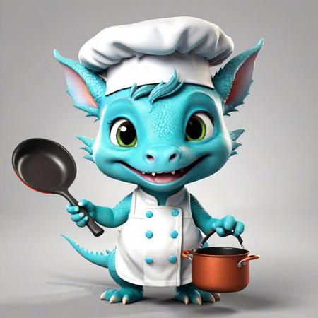 Full body, luxurious sunglasses and kitchen hat, excited and happy expression, cute and lovely baby dragon wearing kitchen uniform on body and holding a frying pan in one hand, various movements, 2d cute, happy, fantastic, dreamy, illustration, 3d 3d , expresses a centered, professional nosh. Soft, modern and cool. It has graphics, line art, and a white background.