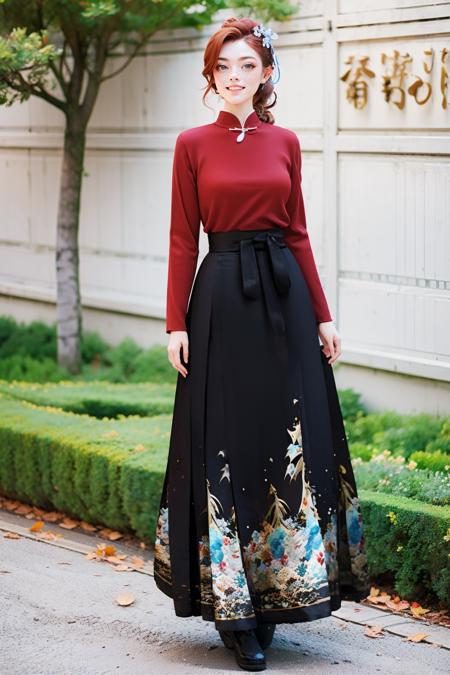 Q1Pa0, hair ornament, long sleeves, full body, black skirt, red shirt, long skirt, qipao,