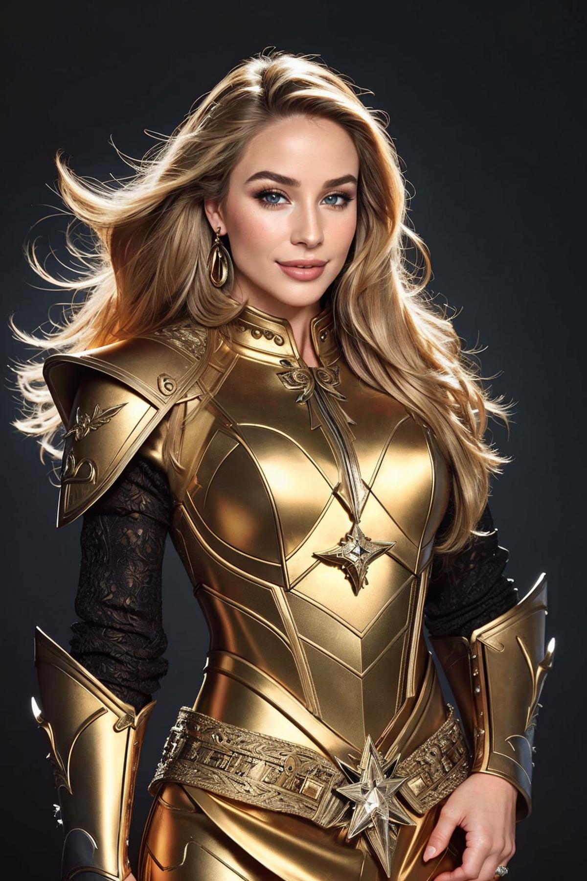 A blonde woman wearing a golden armored costume, including a chainmail dress, and posing for a photo.
