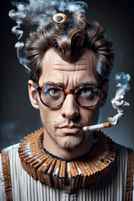 ral-cigarette, a short man with big glasses, hair made of smoking ral-cigarette, sitting in his computer corner, looking stupid with crazy face expresion, browsing the internet <lora:ral-cigarette-sd15:1>