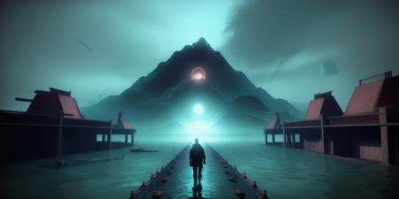 <lora:15ParralelDimensions:1>parallel dimension: a man standing in the middle of a body of water