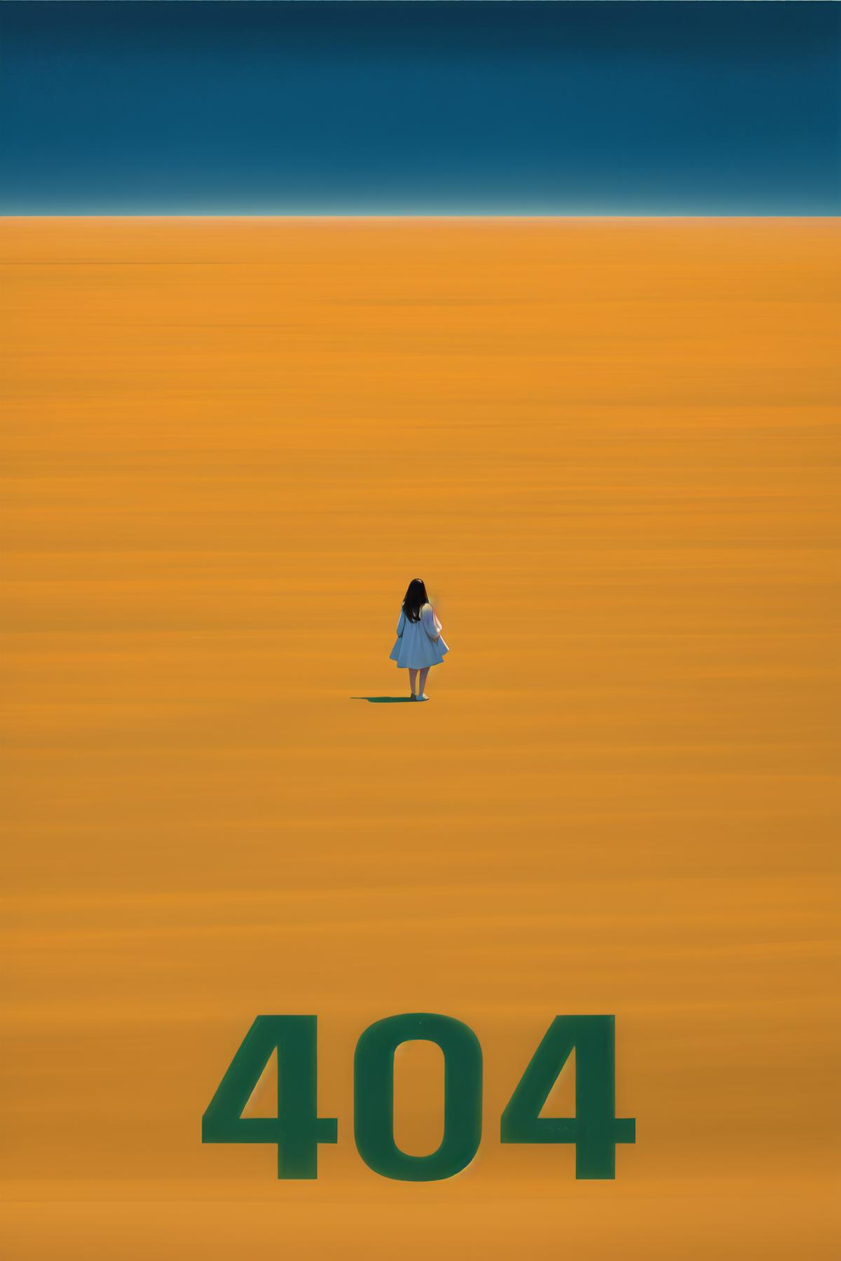 A young girl standing in a desert-like area with the number 404 in the top right corner.