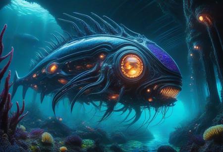 Concept: realistic style, grotesque, magnificent, bio-mechanical, organic, alien, underwater, living, evolving, terrifying, beautiful.
Core Elements: DonMX3n0, ocean, deep sea, organic growth, metallic structures, alien, intricate, pulsating light, marine life.
Atmosphere/Mood: mysterious, unsettling, powerful, ancient, eerie, captivating, sublime, chaotic, awe-inspiring, silent.
Setting Details: abyssal alien ocean, perpetual darkness, glowing organic currents, strange underwater formations.
Central Figure Details: underwater landscape. Giant coral-like structures, gleaming metallic pipes. Fish-like creatures with bioluminescent scales. Deep-sea vents, glowing organic fluids. Predatory creatures with chitinous armor and metallic jaws. Submarine flora, eerie light. Colossal bio-mechanical ruins.
Lighting: ominous, pulsating internal glow (bio-luminescent), deep, oppressive darkness, faint, unsettling reflections on metallic surfaces, eerie glows from vents.
Composition: wide shot, deep perspective, central focus on the underwater, leading lines of structures, immersive view, artistic framing, epic, symbolic.
Color Palette: deep blues, murky greens, obsidian blacks, bruised purples; pulsating neon yellows, electric oranges, metallic silvers, glowing reds. Dark, rich, high contrast, otherworldly.
Quality: photorealistic, ultra detailed, intricate textures, cinematic atmosphere, striking, hyperrealistic, artistic, underwater, sci-fi horror, fantastical, biomechanical.