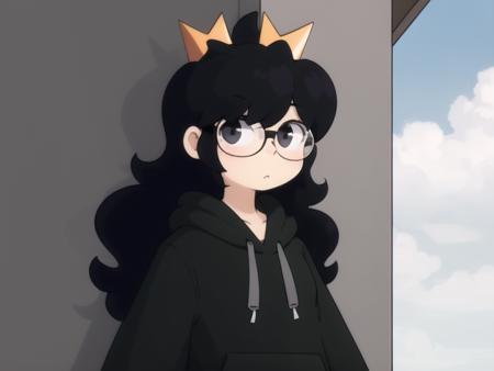 <lora:azurasuzukiv1:1>, Azura Suzuki, 1girl, solo, (crown:1.2), hoodie, hood, long hair, black hoodie, black hair, black eyes, glasses, upper body, long sleeves, hood down,