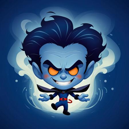 cartoon portrait of Nightcrawler in a mid-teleportation pose, smoke swirling around him., in jmawx style, cute chibi, full character, smile, detailed facial features, Navy background    <lora:Jerrod_Maruyama_XL_V11.1:0.75>