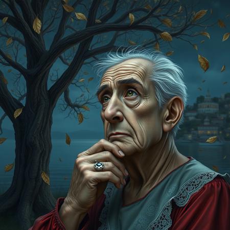 (photorealism:1.5)
1 oldman,  thoughtful expression, gazing at the majestic tree, falling leaves,  calm coastal village in the background, night time, pale colors, high contrast, hyper-realistic, serene atmosphere, pensive pose, detailed, high-definition, reflective mood, peaceful setting,
slight freckles, long eyelashes, thick eyebrows, torn pelvic sheer curtain, bridal gauntlets, torn red dress,