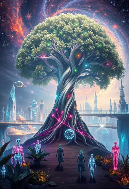 A mystical, ethereal realm where nature and technology intertwine, creating a harmonious fusion of organic life and futuristic architecture. The central focus is a colossal tree, its bark made of shimmering silver, and its leaves glowing like neon fractals. The tree’s roots stretch deep into the earth, intertwining with glowing, bioluminescent cables that pulse with energy. Surrounding the tree is a city made of crystalline structures, some floating and others anchored in the ground, with sleek, metallic bridges connecting them. The streets are lined with plants that have neon veins, and the sky above is a swirling vortex of stars, galaxies, and vibrant nebulae. Ethereal beings, resembling humans but with translucent skin and glowing eyes, walk through the city, interacting with advanced, sentient machines that look like organic creatures. The scene should evoke a sense of peaceful coexistence between technology and nature, blending science fiction with spiritual energy. The lighting is soft yet vibrant, with iridescent hues casting long, flowing shadows.