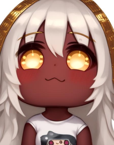 masterpiece, best quality, highly detailed, 1girl, solo, BScon style, white background, cute, chibi, long hair, closed mouth, (dark skin), ((white hair)), masterpiece, best quality, 1girl, solo, ((t-shirt)), very small breasts, ((gold eyes)),