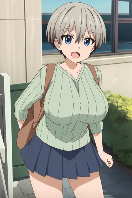 <lora:å®å´è±1V-000010:0.8>,1girl,å®å´è±,short hair,blue eyes,bangs,skin fang,grey hair,fang,hair between eyes,large breasts, 
pleated skirt,blue skirt,green sweater,long sleeves,collarbone,ribbed sweater,v-neck,green shirt,
backpack,, Exquisite visuals, high-definition,masterpiece,best quality,