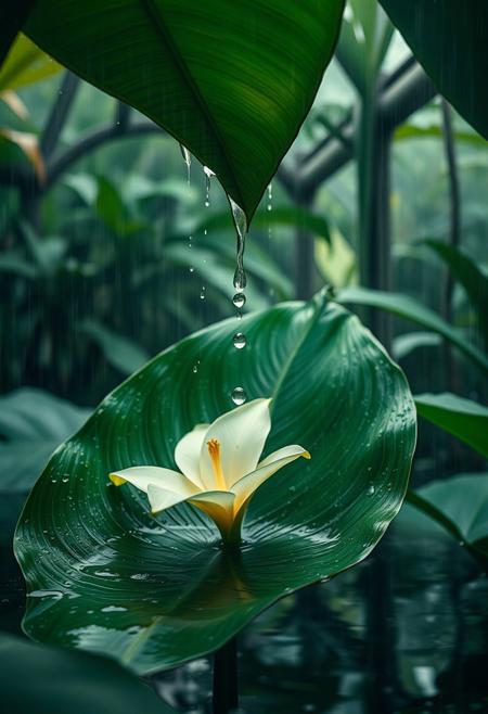 Cinematic photography, rainwater pooling in hollow of tropical leaf resembling body curve, droplets sliding down like sweat, oversized Lily flower floating in water, setting: steamy greenhouse at downpour, mood: primal release, lighting: raindrop-refracted jungle light, color theme: emerald and creamy white, camera: ARRI Alexa Mini