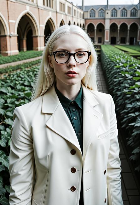 close up analogue photo of a beautiful 25 years (((albino woman:1.5))) with white hair (((pale skin:1.5))), white hair, <lora:Lumiya_SDXL:0.6>, A young academic in a tailored coat and round glasses walks through an ivy-covered university cloister, winter light casting long shadows, subtle realism.