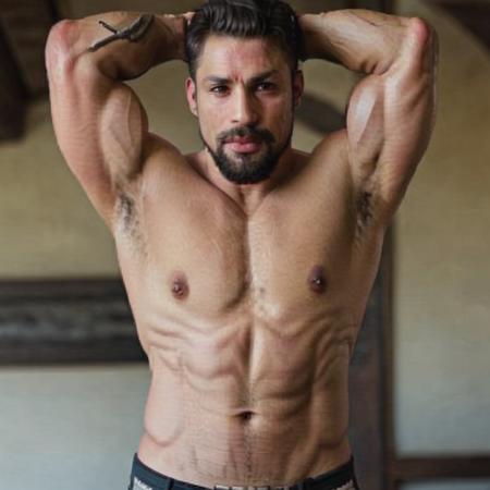 Caua Reymond, 1boy, beard, mustache, realistic,  <lora:Caua Reymond:0.99>, realistic, 8K, ultra quality, elegant, highly detailed, ultra realistic, photograph, (muscled:1), show biceps, show belly,