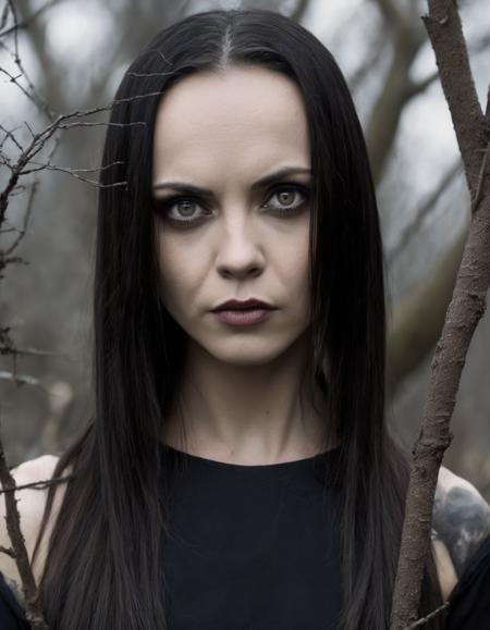 Horror-themed The image depicts a (ohwx woman:1.3) character with pale skin, large expressive eyes, and sleek black hair that is parted down the middle and styled into two tight braids. She's wearing a black dress, and her posture exudes a calm, serious demeanor. The background appears to be a somewhat eerie cemetery at night setting with bluish tones and barren branches. <lora:ricci_lora_sdxl_v1-000008:1> . Eerie, unsettling, dark, spooky, suspenseful, grim, highly detailed