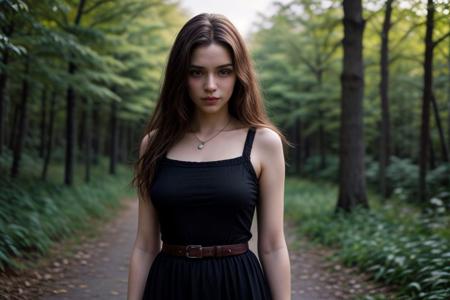 35mm film, one pretty european girl, solo, supermodel, long light brown hair, long wavy hair, pale skin, perfect face, small nose, blue eyes, lips, big tits, nice breasts, necklace, black frame glasses, short blue lace dress with a belt, white heeled shoes, looking at viewer, looking directly at viewer, a breathtaking forest view, offering panoramic views of majestic and sweeping trees, nature light, early spring season, full body view of girl, epiCPhoto, <lora:pytorch_lora_weights:0.5>, <lora:picxer_real:0.7>, <lora:FilmVelvia3:0.3>, <lora:more_details:0.6>