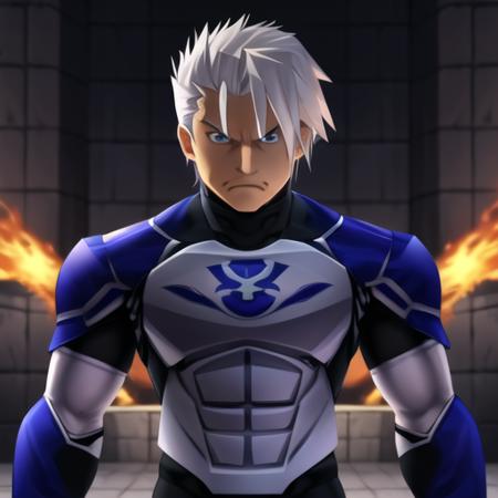 1boy, muscular, full armor, armor, shoulder plates, angry, looking at viewer, spiked hair, white hair,