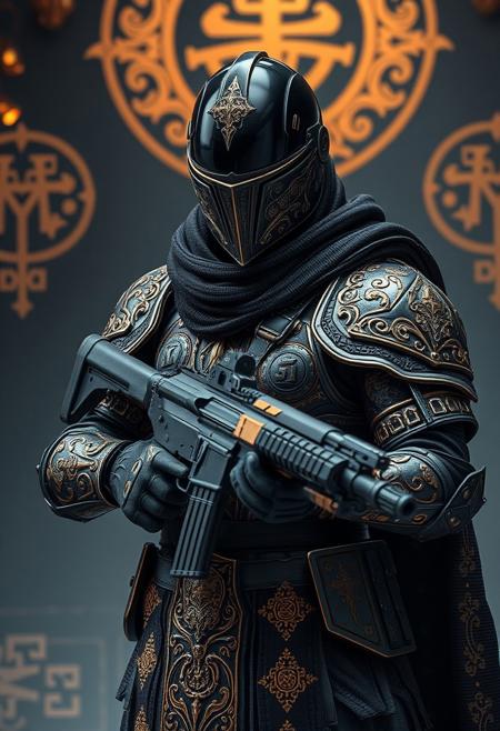 A highly detailed, futuristic warrior in ornate, medieval-inspired armor, with a black, reflective helmet visor. The armor is intricately decorated with gold engravings and symbols, blending ancient and sci-fi aesthetics. The figure holds an advanced AK-47 with matching gold accents. Background features a dark, ancient setting with faint, mystical symbols and dim, warm lighting.