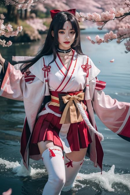 yaodaoji, 1girl, solo, cosplay, japanese clothes,choker, forehead mark, bow,white thighhighs, ribbon, skirt,long sleeves, miko, sash, ribbon trim, hair bow, hair ribbon, long hair, bangs,