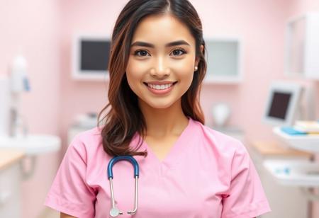 medium shot, symmetrical front view of a Beautiful real young woman, pink clinic uniform, dental clinic work space at the background