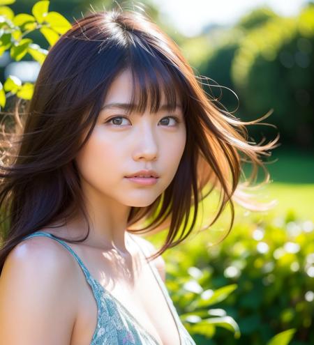 solo,1girl,looking at viewer,shiny skin, skindentation, strap slip, (floating_hair),wind,sunrise , (parted lips,light smile),(shiny skin:1.1),asian,
 garden, sunlight,
photo referenced,best quality, ultra high res, (photorealistic:1.4),  (detailed face and eyes),