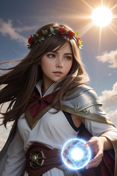 digital painting, far shot, art by greg rutkowski, beautiful girl, silver eyes, medium blowout brown hair, (League of Legends theme:1.1), eyes blazing with the power of the sun, (solar-wizard), bringer of the light, bright colors, wearing tattered white mage robes, billowing red cloak, greenery hair wreath, gazing into the sun, dynamic pose, magical solar markings, (supernova in background), symphony of light, light clouds, ethereal atmosphere, overallDetail, using magical attack on monster