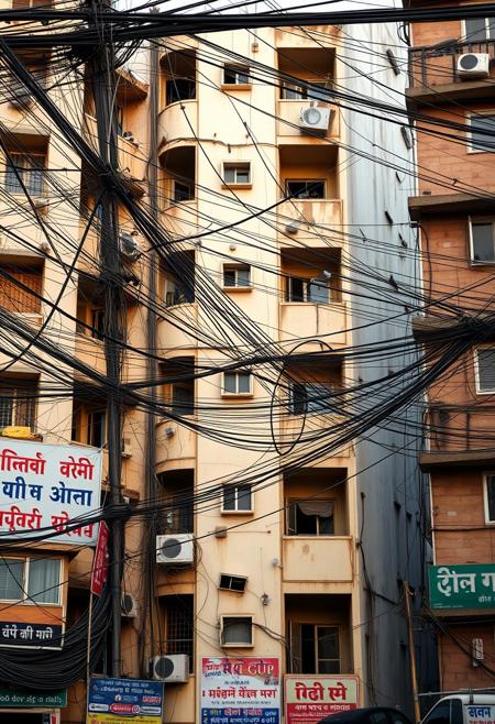 A beautifully composed professional photograph of an apartment building in New Delhi, focusing on the mass of cables, power lines, tangled phone wires and cable TV wires. Insane amount of wires, ultra realistic and detailed, banners and advertisements in Hindi, buildings are heavily weathered and dirty, pleasing early morning light