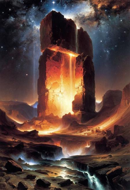 The depiction of the unimaginable inevitable endless cosmic horror coming from the deadly void of space in the form of the giant irritating ethereal undescribable ancient monolith, high quality, detailed, intricate details, masterpiece, by thomas moran