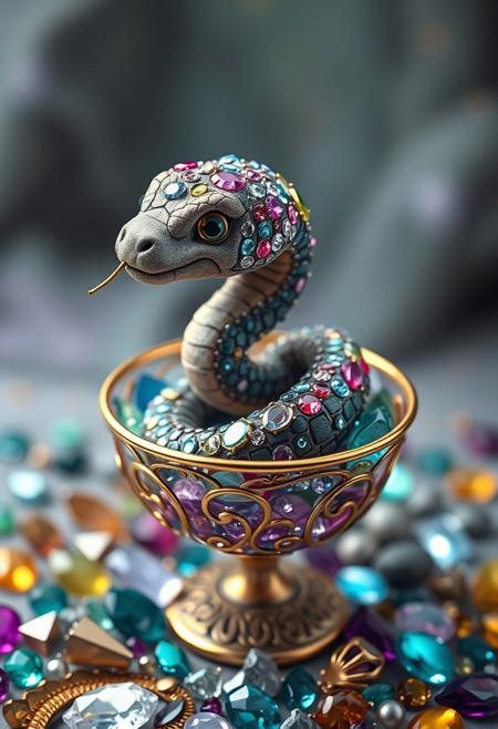 A hyper-stylistic, extremely detailed image depicts an adorable jewel-covered rock snake, reminiscent of a Pixar film, coiled in a stunning goblet filled with precious gems. The snake's rocky body is loaded with shiny jewels, each one perfectly placed to create a dazzling display of color and light. Its scales glimmer and shine like polished gemstones, and its tiny, sparkling eyes seem to twinkle with delight. The goblet itself is a masterpiece of craftsmanship, with delicate, swirling patterns and a rim that shines like molten gold. Every detail of the scene is meticulously crafted, from the subtle, nuanced colors of the gems to the intricate, textured patterns on the snake's rocky scales. The overall effect is one of breathtaking, whimsical wonder, as if the viewer has discovered a hidden treasure trove of magic and enchantment. highest-Quality, intricate details, visually stunning, Masterpiece