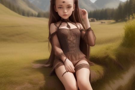 {{{best quality}}}, ultra-detailed, nature background,looking afar, <lora:eye_on_forehead_v1.0A:0.9>eyeonforehead,beautiful 1girl,8years old, sitting, brown hair,gothic,high heels