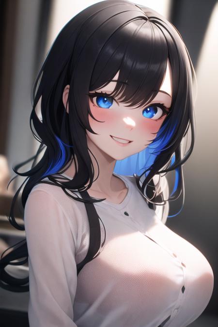 masterpiece, best quality, perfect, absurdres, hyper detailed, unity 8k wallpaper, perfect lighting, perfect shading, perfect shadows, solo, 1girl, (colorful), perfect details, volumetric lighting, detailed face, perfect composition, HD, large eyes, cute face, black hair, blue eyes, happy, smile, blush, white shirt, medium breasts