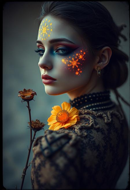 By Eric Lacombe By Patrice Murciano Frostpunk Fashion Photography, sand and siena, minimalism, smoked eye shadow, illuminated golden bulging biomorphic dot pattern, sands landscape, dry dead flowers, bokeh ashes, volumetric particle dust, powdered paint pigment, vivid color, misty aether houte - couture rococo metal  clothing, holga medium format camera, etherial lighting, backlighting, in the style of. . ., professional ominous concept art, by artgerm and greg rutkowski, an intricate, elegant, highly detailed digital painting, concept art, smooth, sharp focus, illustration, in the style of simon stalenhag, wayne barlowe, and igor kieryluk.