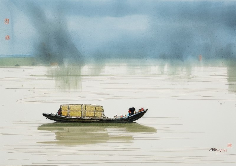 wyy style, A painting about the scenery of spring scenery, there is a small boat in the river. A person wearing a raincoat...