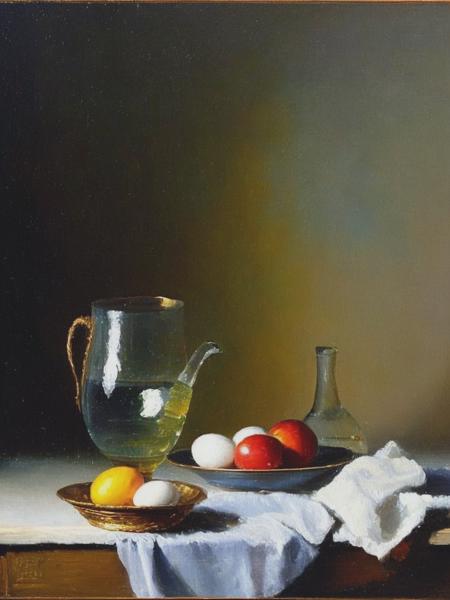 <lyco:Jean-BaptisteSimeonChardin:1.0> a recently discovered still-life oil painting in the granular impasto style of Jean-Baptiste-Simeon Chardin. Water glasses, water bottles, dry flowers, eggs, cloth, light from open window on the left, reflections on the wet wall, rainbow, mist. This is a very old piece of valuable art, a detailed oil painting with thick visible texture rendered by a palette knife