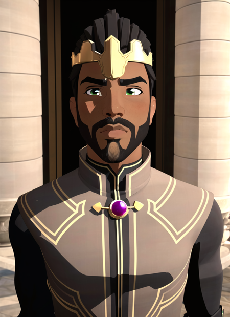 aaravos <lora:dragon_prince_aaravos_offset:1.2>, 1boy, solo, male focus, facial hair, beard, green eyes, dark skin, dark-skinned male, indoors, black hair, closed mouth, upper body, armor, pillar, thick eyebrows, crown, cgi, 3d