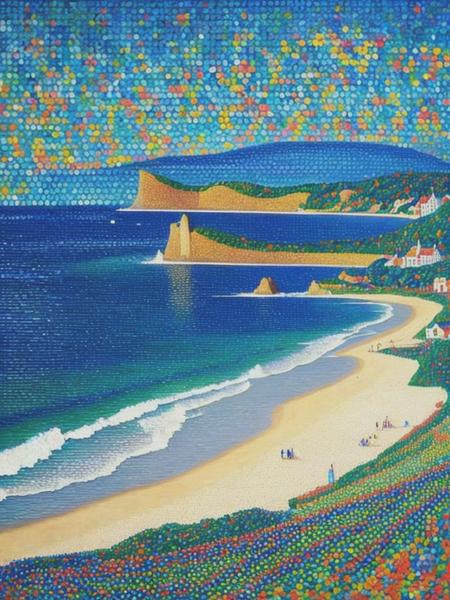 <lyco:PaulSignac:1.0> A coastal scene inspired by Pointillism, where the vibrant beach and the vast sea are depicted through tiny, distinct dots of color that blend together when viewed from a distance. The style should evoke the works of Georges Seurat and Paul Signac