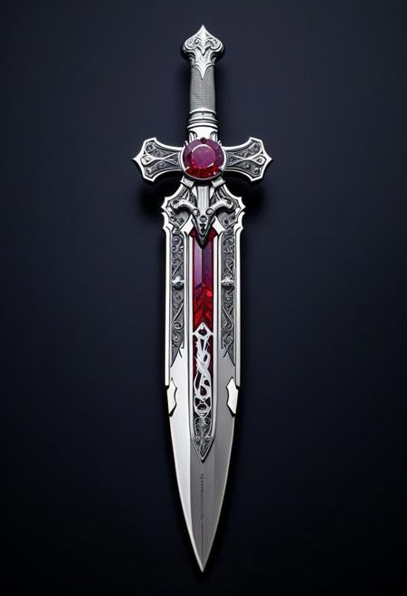 SilverPulse, a cross dagger, on a wooden decorative holder, silver blade with engravings, ruby and diamonds inlaid  in a silver handle,  intricate, hyper-detailed, professional photoshoot, ultra-sharp, vivid colors, dark lighting, 50mm lens,