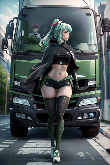 Highly detailed, High Quality, Masterpiece, beautiful, Truck-kun, <lora:Truckkun:0.8>, 1girl, ground vehicle, crash, getting hit by Truck-kun, xbox-chan, ponytail, green hair ribbon, clothing cutout, stomach cutout, cape, thighhighs, gloves, <lora:Char_Meme_Xboxchan:0.9>, fleeing, motion lines, (detailed face and eyes:1.3)