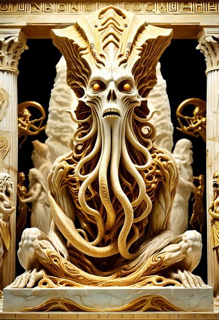 The lovecraftian depiction of the unimaginable inevitable endless cosmic horror coming from the deadly void of space in the form of the giant irritating ethereal indescribable ancient non-euclidean entity, high quality, detailed, intricate details, masterpiece, UHD 16K, professional photograph, classic greek statue, pg, sfw