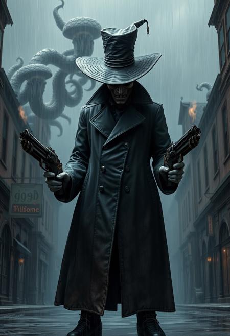 "Hyper-realistic depiction of a stylized bounty hunter boss, inspired by the dark, Gothic world of Bloodborne. The bounty hunter stands tall, clad in a worn, black trench coat and a large, battered hat, with a face obscured by shadows. Each hand grasps a smoking pistol, with intricate, ornate details and a hint of dark, otherworldly energy. The pistols seem to be imbued with a malevolent power, as if they're alive and feeding off the bounty hunter's will. The surrounding environment is a torrential downpour, with rain pouring down in sheets and creating a misty, eerie atmosphere. The bounty hunter stands at the center of a deserted, Victorian-era inspired street, with crumbling buildings and twisted, organic growths looming in the background. Style: extremely detailed, hyper-realistic, and darkly atmospheric, with a focus on capturing the eerie, unsettling essence of Bloodborne's world and the bounty hunter's imposing, mysterious presence."