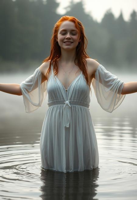 A photorealistic masterpiece of a 21 year old Scottish woman. She is standing up to her knees in a shallow loch. Her ginger hair is soaking wet and she has pale skin, freckles and a cute round perfect face. She is wearing a wet long white gown Dawn light can be seen creeping through the trees at the back and the early morning mist sits on top of the water. She is smiling giving off an ethereal vibe. Her arms are out stretched, she is smiling and her eyes are shut