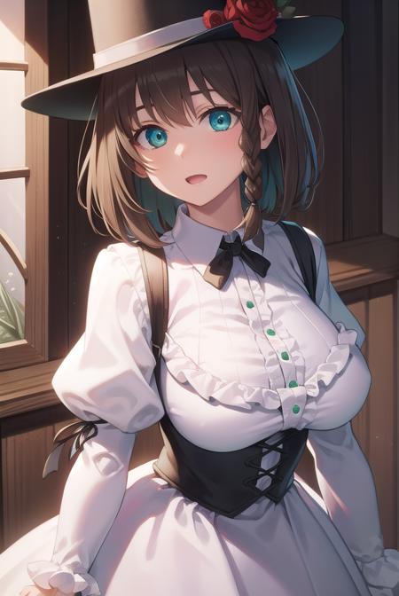 charlottecorday, <lyco:charlottecorday-lyco-nochekaiser:1>,
charlotte corday, braid, brown hair, (green eyes:1.5), short hair, side braid, (large breast:1.2),
BREAK hat, hat flower, juliet sleeves, long sleeves, puffy sleeves, (white dress:1.5), frills, top hat, black top hat,
BREAK looking at viewer,
BREAK indoors,
BREAK <lyco:GoodHands-beta2:1>, (masterpiece:1.2), best quality, high resolution, unity 8k wallpaper, (illustration:0.8), (beautiful detailed eyes:1.6), extremely detailed face, perfect lighting, extremely detailed CG, (perfect hands, perfect anatomy),