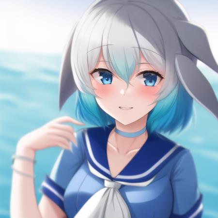 <lora:cbd:0.8>, cbd, solo, 1girl, blue hair, blue eyes, short sleeves, short hair, grey hair, sailor collar, light blue frilled sailor dress, dolphin tail, dorsal fin, blowhole, neckerchief, japari symbol, gradient hair, hair between eyes, bangs, head fins, dolphin girl, choker, collarbone, anchor symbol, detailed shading, detailed ambient light