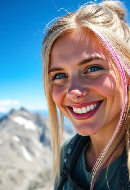 A close-up of a 26-year-old athletic woman with blue eyes and long blonde hair with pink streaks, smiling joyfully at the summit of a mountain, with a clear blue sky and rugged peaks in the background. She is wearing hiking gear.
