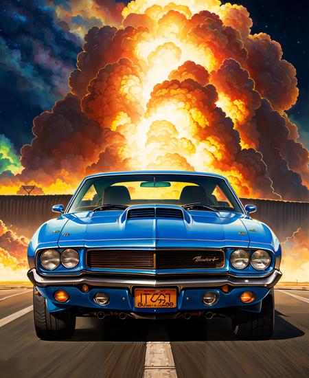 a painting of a boss muscle car,  (masterpiece, best quality), particle effects, epic explosion background, vivid, hdr, night time, very detailed, (cell shaded:1.2), ray tracing, it doesn't matter if it's an inch or a quarter mile